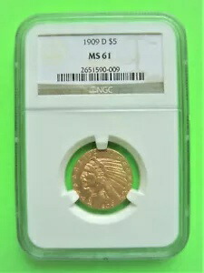 1909-D インディアン $5 ゴールド ハーフ イーグル - - NGC MS61 - - ブリリアント ゴールド コイン - - 素晴らしい 409,860円