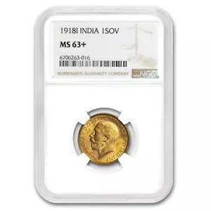 1918-I インド ゴールド ソブリン ジョージ 5 世 MS-63+ NGC