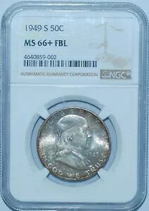 1949 S NGC MS66+FBL フル ベル ライン フランクリン ハーフダラー ミント セット トーン