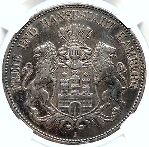 1908J GERMANY ドイツ諸州 ハンブルク ライオンズ アンティーク シルバー 5 マーク コイン NGC i105708