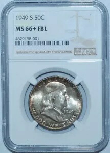 1949 S NGC MS66+FBL フル ベル ライン フランクリン ハーフダラー ミント セット トーン