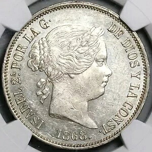 1868 (68) NGC AU-58 スペイン 2 エスクードス イザベル 2 マドリード ミント シルバー コイン (24092907D)｜WORLD RESOURCE【KING店】