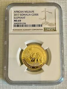 ソマリア 2017 アフリカ野生象 200 シリング ゴールド NGC MS69 SKU# 5831