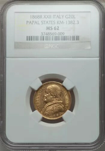 イタリア 教皇ステート 1868 20 リラ金貨 選択 未流通 認定 NGC MS62|WORLD RESOURCE【KING店】