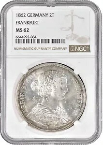 フランクフルト 2 ターラー 1862、NGC MS62、「フランクフルト自由都市 (1807 - 1866)」-