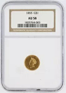1855 ゴールド ダラー NGC AU58 G$1 タイプ II スモールヘッド フィラデルフィア ミント 派手なコイン 332,640円