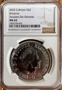 2022 NGC Doubled Die 表面 2 ポンド シルバー ブリタニア メジャー ミント エラー ベリー レア