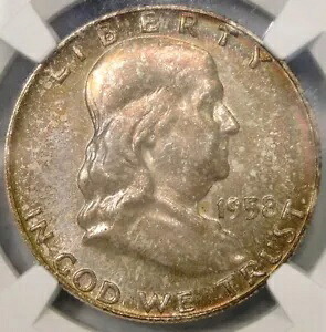 1958 D フランクリン シルバー ハーフダラー レインボー トーニング チョイス PQ GEM++ NGC MS 67 FBL｜WORLD RESOURCE【KING店】