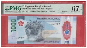 2022 フィリピン 1000 Piso ポリマー EAGLE 固体番号 AY 7777777 PMG 67 P230a IBNS|WORLD RESOURCE【KING店】