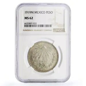 メキシコ 1 ペソ州貨幣紋章 KM-454 MS62 NGC 銀貨 1919