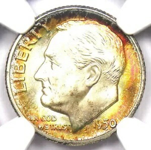 1950-D ルーズベルト ダイム 10C コイン - 認定 NGC MS68 FT (FB) - 1,650 ドル相当