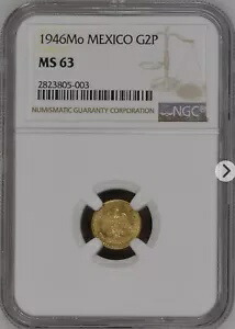 メキシコ 1946 Mo 2 ペソ金貨 NGC MS63。 DOS PESOSの中で最もレアなコイン