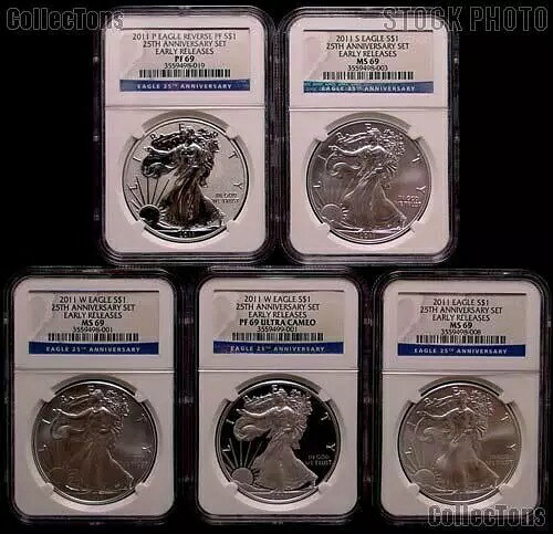 2011 年 25 周年記念 5 コイン シルバー イーグル セット (NGC 初期リリース MS 69 & PF 69)
