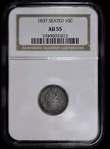 1837年 シーテッド リバティ 10c ダイム NGC AU 55 スターなし ラージ デイト｜WORLD RESOURCE【KING店】