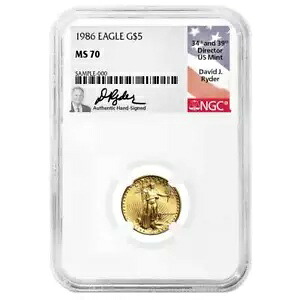 1986 $5 アメリカン ゴールド イーグル 1/10 オンス NGC MS70 ライダー フラッグ シグネチャー ラベル｜WORLD RESOURCE【KING店】