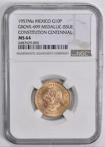1957 年メキシコ 10 ペソ金憲法制定 100 周年。 NGC MS64