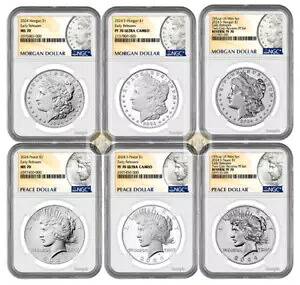 2024 (MS/PF/RP70) 6 コイン セット $1 モルガン/ピース シルバー ダラー NGC ER 早期リリース｜WORLD RESOURCE【KING店】