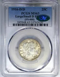 1916-D/D 25C PCGS/CAC MS63 RPM FS-501 ラージ/スモール D バーバー ~ とんでもない光沢!｜WORLD RESOURCE【KING店】