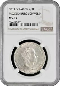 メクレンブルク - シュヴェリーン 2/3 ターラー 1839、NGC MS62、「ポール・フレデリック (1837-1842)」トップ｜WORLD RESOURCE【KING店】