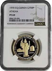 1970 赤道ギニア プルーフ ゴールド 750 ペセタス アテナ 0.3058 オンス コイン NGC PF 69｜WORLD RESOURCE【KING店】