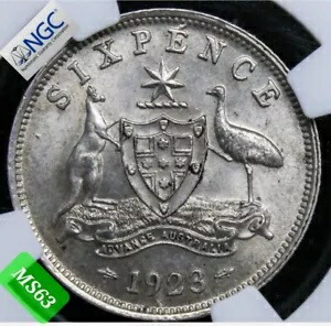 1923(S+M) オーストラリア 6 ペンス、NGC MS63。キング ジョージ 5 世の高級デーツ 345,015円