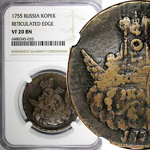 ロシア エリザベス 1755 1 Kopeck Clouds NGC VF20 BN Bitkin-420(R3) 非常に希少 (35)｜WORLD RESOURCE【KING店】