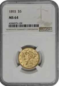 1893年 $5 ゴールド リバティ ヘッド ハーフ イーグル NGC MS 64 423,720円