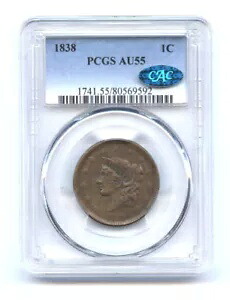 1838 1C PCGS AU 55 CACステッカー付き-コロネットヘッドラージセント-