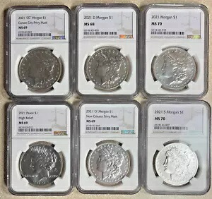 2021 モーガン & ピース シルバー ダラー NGC グレード - 6 コイン セット P、D、S、O、CC、ピース