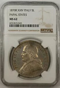 1870-R XXIV イタリア 5 リラ銀貨 教皇領 NGC MS-62 419,320円