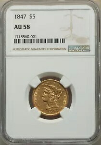 1847 リバティ ヘッド ハーフ イーグル $5 ゴールド NGC AU58