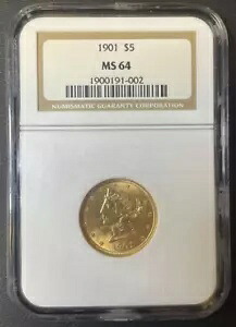 1901-P $5 リバティ ハーフ イーグル 金貨、NGC MS-64、投資グレードのゴールド
