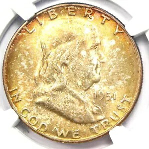 1951-S フランクリン ハーフダラー 50C コイン - NGC MS66+ FBL プラス グレード - 2,600 ドル相当
