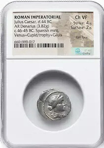 ジュリアス・シーザー、独裁者として (紀元前 49 ～ 44 年)。 AR デナリウス (19mm、3.82 gm、11h)。 NGC