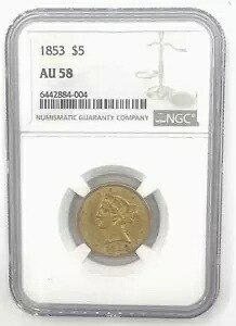 1852 リバティ ヘッド ハーフイーグル金貨、NGC AU58、グレード Pre-33 ゴールド。