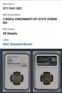 (1830 年代) HT-375 シンシナティ オハイオ州 P. イーブンズ ハード タイムズ トークン NGC VF の詳細。 CB1140