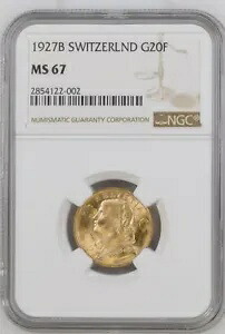 1927B スイス ゴールド 20 フラン KM-31 NGC MS-67｜WORLD RESOURCE【KING店】