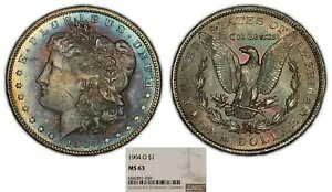 1904-O $1 モルガン ダラー - PQ 鮮やかなレインボー トーニング - NGC MS 63 - ビデオ - B2056｜WORLD RESOURCE【KING店】