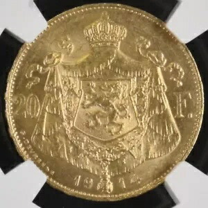 1914 ベルギー 20 フラン、フラミッシュ ポジション B、NGC MS63 レア バリアント