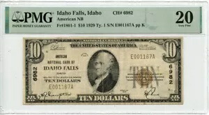 1929 年1 $10 アイダホ フォールズ ID CH#6982 Fr# 1801-1 PMG VF20
