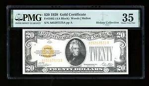 DBR 1928 $20 ゴールド証明書 Fr. 2402 PMG 35 シリアル A05287573A