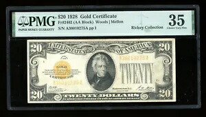 DBR 1928 $20 ゴールド証明書 Fr. 2402 PMG 35 シリアル A36010275A