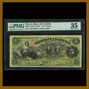 メキシコ 5 ペソ、1914 P-S195c M167c Serie E-189 コアウィラ PMG 35 (VF)