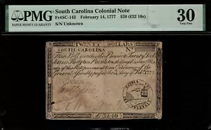 SC-143 植民地通貨 - サウスカロライナ州、1777 年 2 月 14 日 $20 - 等級 PMG 30 234,850円