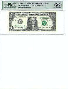 2003 $1 FRN FR1931-H PMG 66 EPQ、セントルイス S/N H64005001B 部品。 DBL 印刷エラー!