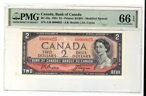 カナダ $2 ドル 1954、BC-38a PMG 66 EPQ 低 # A/R 0000025 チェンジオーバー