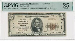 $5 1929 T1 First National Bank of Verndale, MN チャーター 6022 PMG VF 25