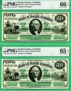 2 つの一致するロー シリアル #799 - 1872 $50 サウスカロライナ - PMG GEM 66 & 65 EPQ