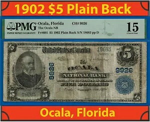 1902 $5 National Bank Ocala、Florida CH# 9926 PMG 15 クレイジーレア 合計 7 既知