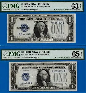 1928A 1928B $1 シルバー証明書PMG 65EPQ チェンジオーバー ペア Fr 1601 Fr 1602